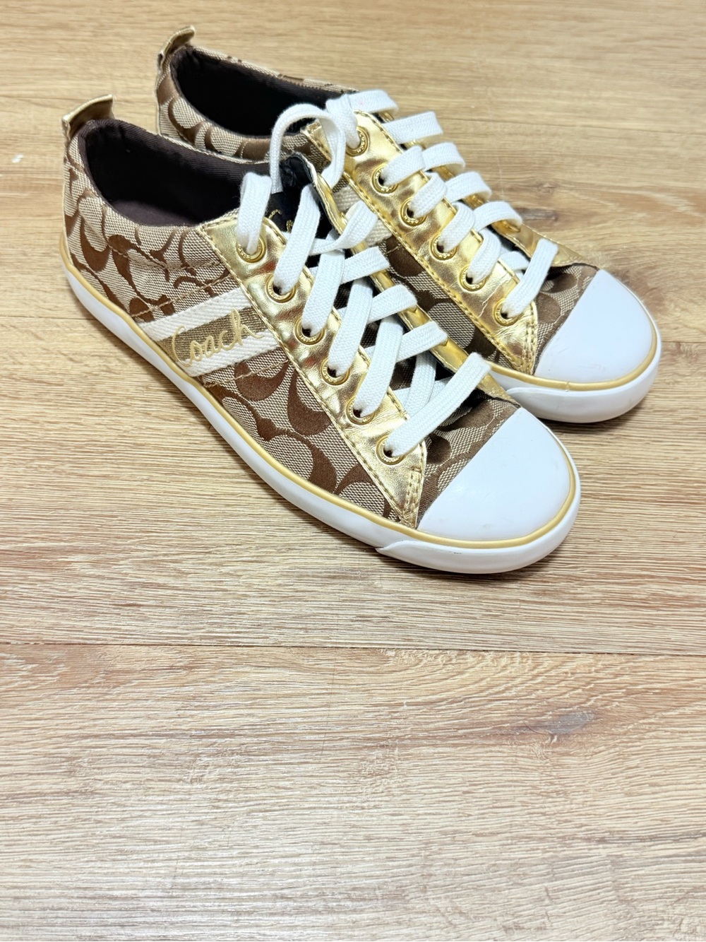 Y2K Coach Signature Canvas Low-Top Sneakers in Brown and Gold